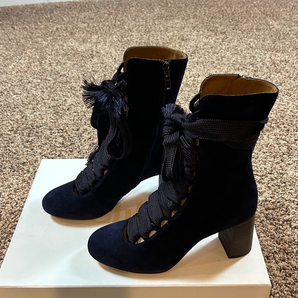 CHLOE Harper Blue Lagoon Lace-up Heeled Boots Navy 38 - Picture 3 of 12
